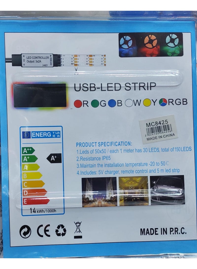 بي أر سي شريط إضاءة LED USB بطول 5 متر مع جهاز تحكم عن بُعد | مقاوم للماء 5050 | إضاءة متعددة الألوان للتلفاز والغرف والسيارات (IP65) - Image 2