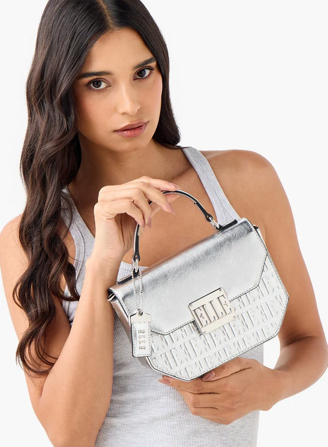 ايل Embossed Satchel Bag with Grab Handle and Button Closure