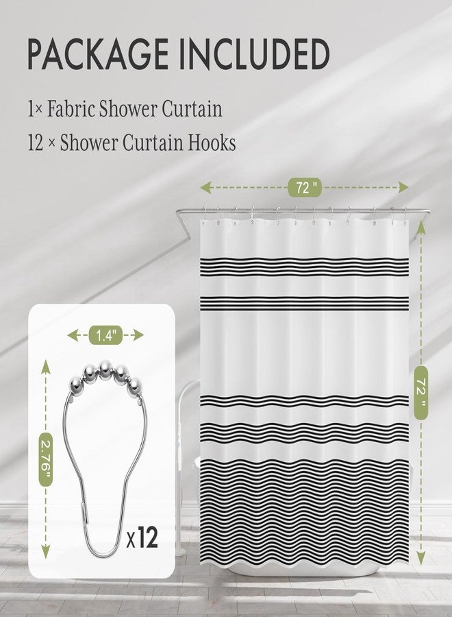 AmazerBath Shower Curtain, Washable Cloth Black Shower Curtain Sets with 12 Shower Curtain Hooks, Fabric Rustic Black and White Striped Curtain, Farmhouse Bathroom Curtains, 72x72 Inches - Image 2