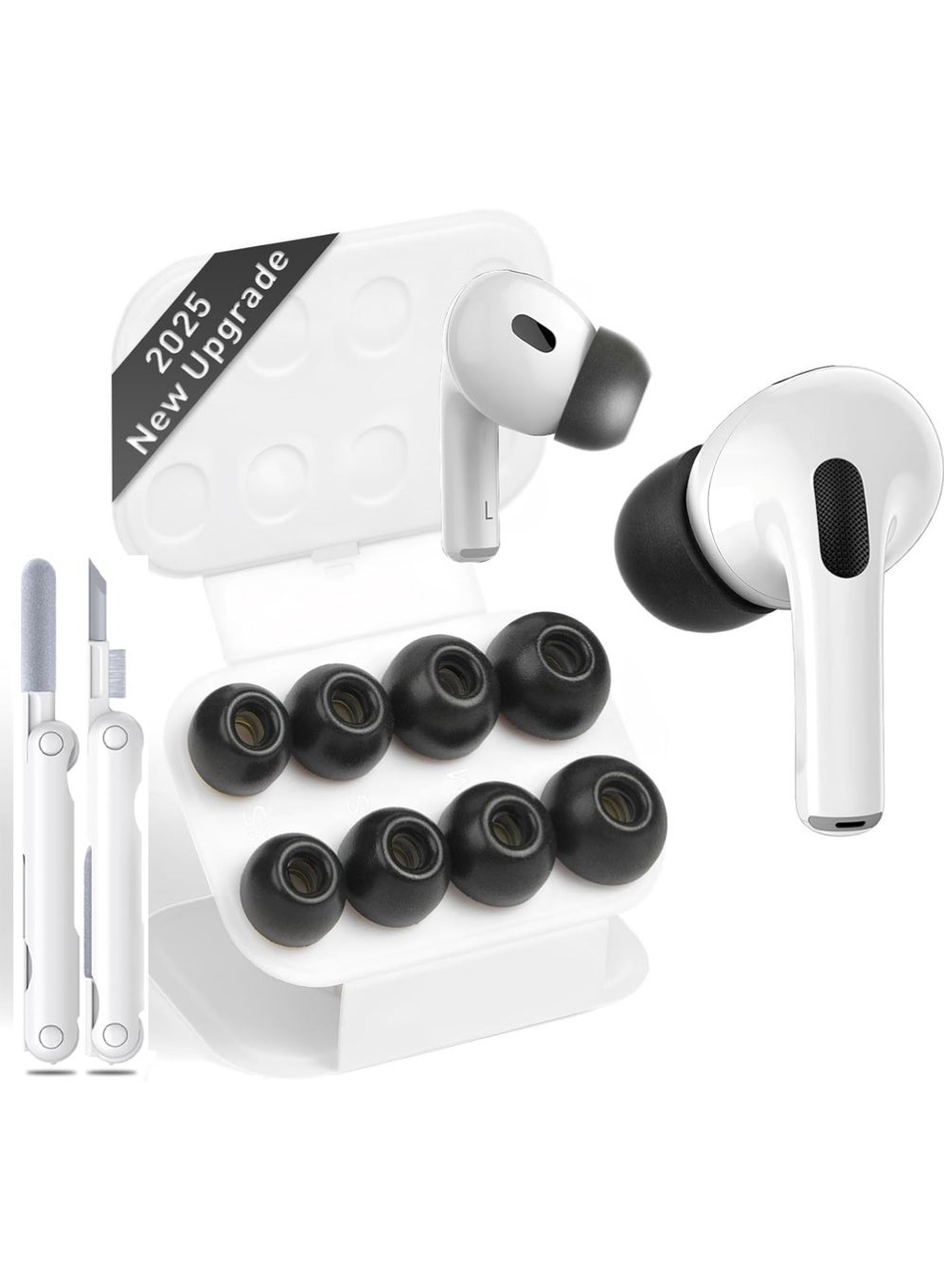 X-level 4 Pairs Replacement Ear Tips for AirPods Pro 2nd/1st Generation No Silicone Eartips Pain, Better Noise Cancellation, Replacement Buds with 3 in 1 Cleaner Kit and Fit in Charging Case (Black, XS/S/M/L)