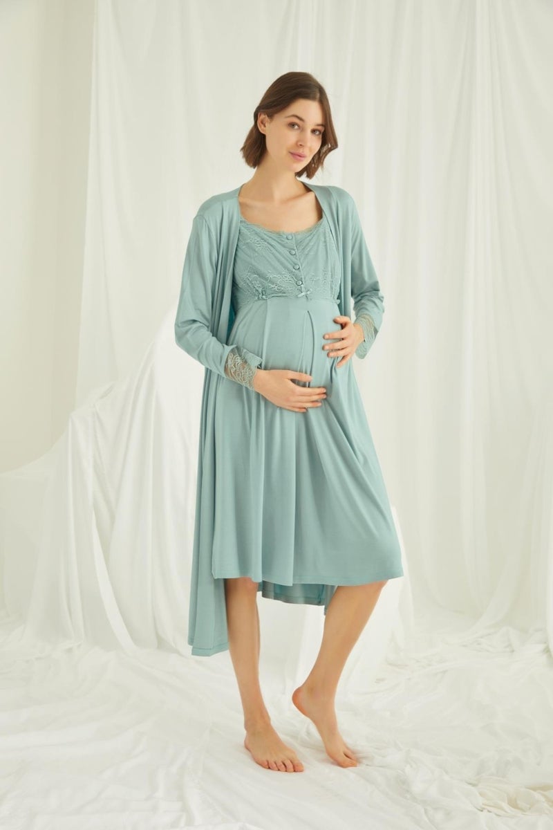 Monamise Women's Lace Front Buttoned Maternity and Postpartum Dressing Gown Set 
