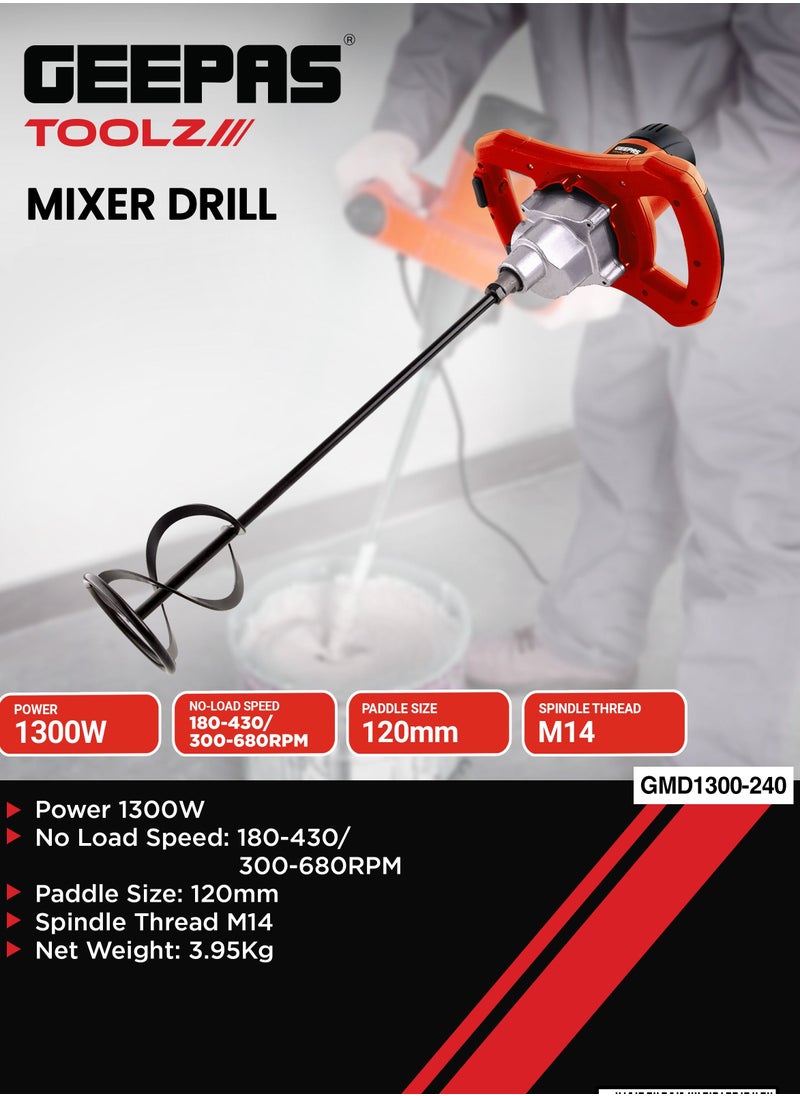 GEEPAS - Geepas Mixer Drill GMD1300-240, 1300 W, Paddle Size 120 MM, Perfect For Home And Business, No Load Speed 180-430 / 300-680 RPM, Comfortable Grip, Ergonomic Design and Easy to Use, Red - Image 1