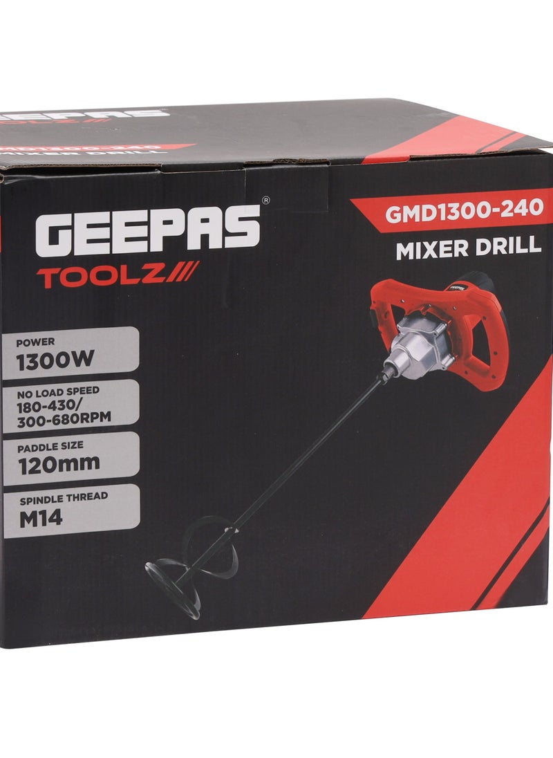 GEEPAS - Geepas Mixer Drill GMD1300-240, 1300 W, Paddle Size 120 MM, Perfect For Home And Business, No Load Speed 180-430 / 300-680 RPM, Comfortable Grip, Ergonomic Design and Easy to Use, Red - Image 1