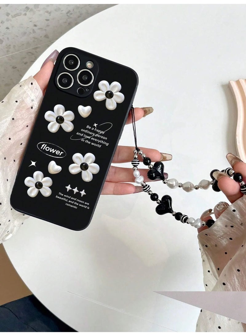 iPhone 16 Pro Max Case with Elegant White Floral Design and Comfortable Black and White Beaded Handle Strap for Easy Carrying - Image 3