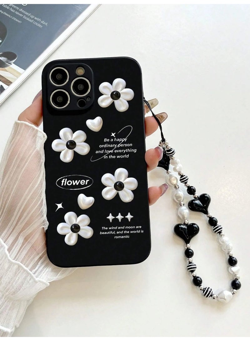 iPhone 16 Pro Max Case with Elegant White Floral Design and Comfortable Black and White Beaded Handle Strap for Easy Carrying - Image 1
