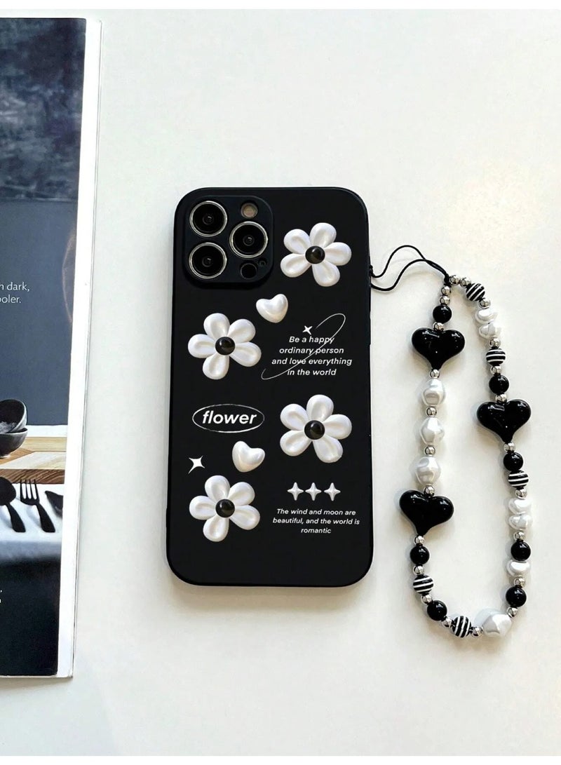 iPhone 16 Pro Max Case with Elegant White Floral Design and Comfortable Black and White Beaded Handle Strap for Easy Carrying - Image 2
