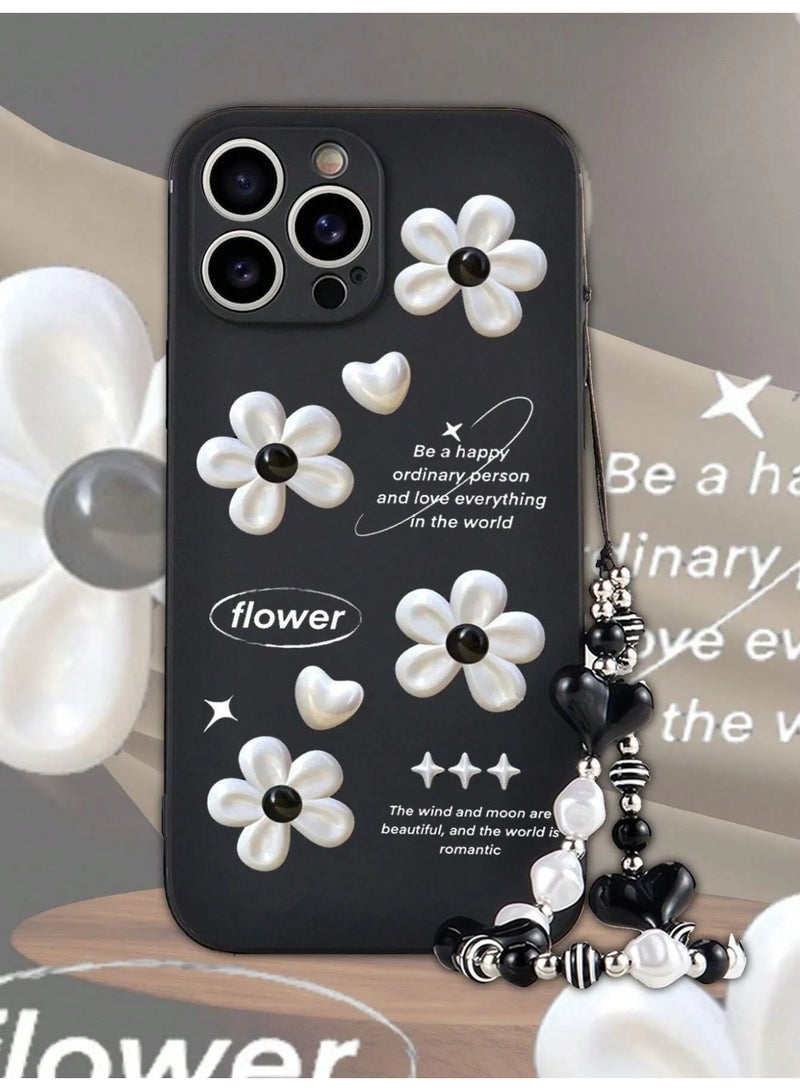 iPhone 16 Pro Max Case with Elegant White Floral Design and Comfortable Black and White Beaded Handle Strap for Easy Carrying - Image 4