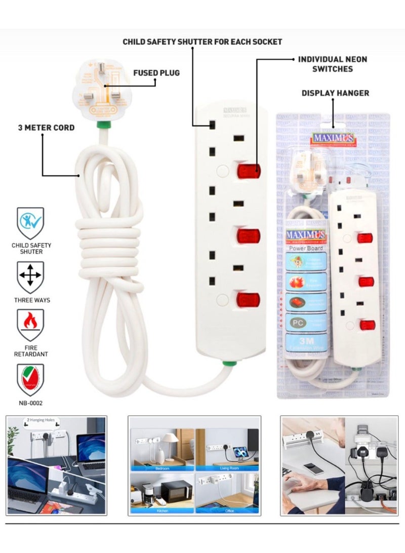 Maximus 3-Meter Extension Power Strip with Individual Switches & Child Safety Shutter - Image 2
