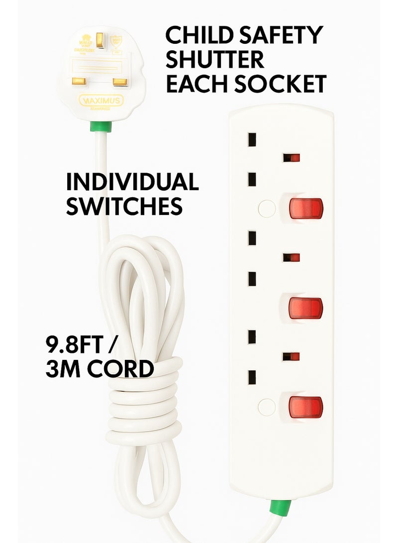 Maximus 3-Meter Extension Power Strip with Individual Switches & Child Safety Shutter - Image 1