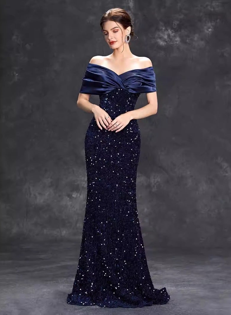 Meilun Exquisite Navy Blue Off - Shoulder Sequin Mermaid Gown - Image 1