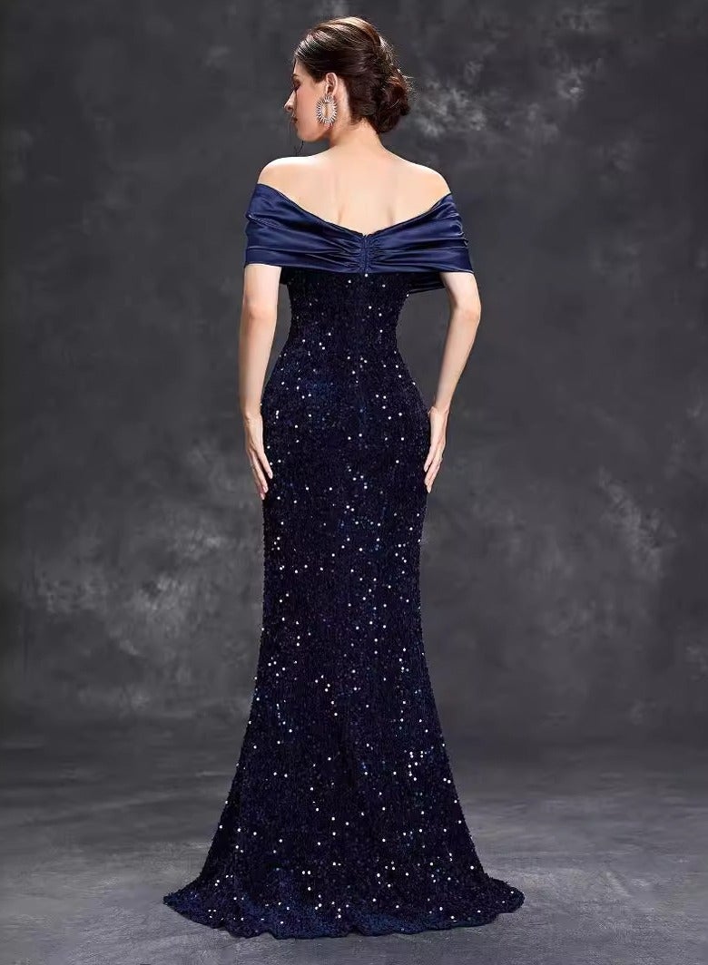 Meilun Exquisite Navy Blue Off - Shoulder Sequin Mermaid Gown - Image 2