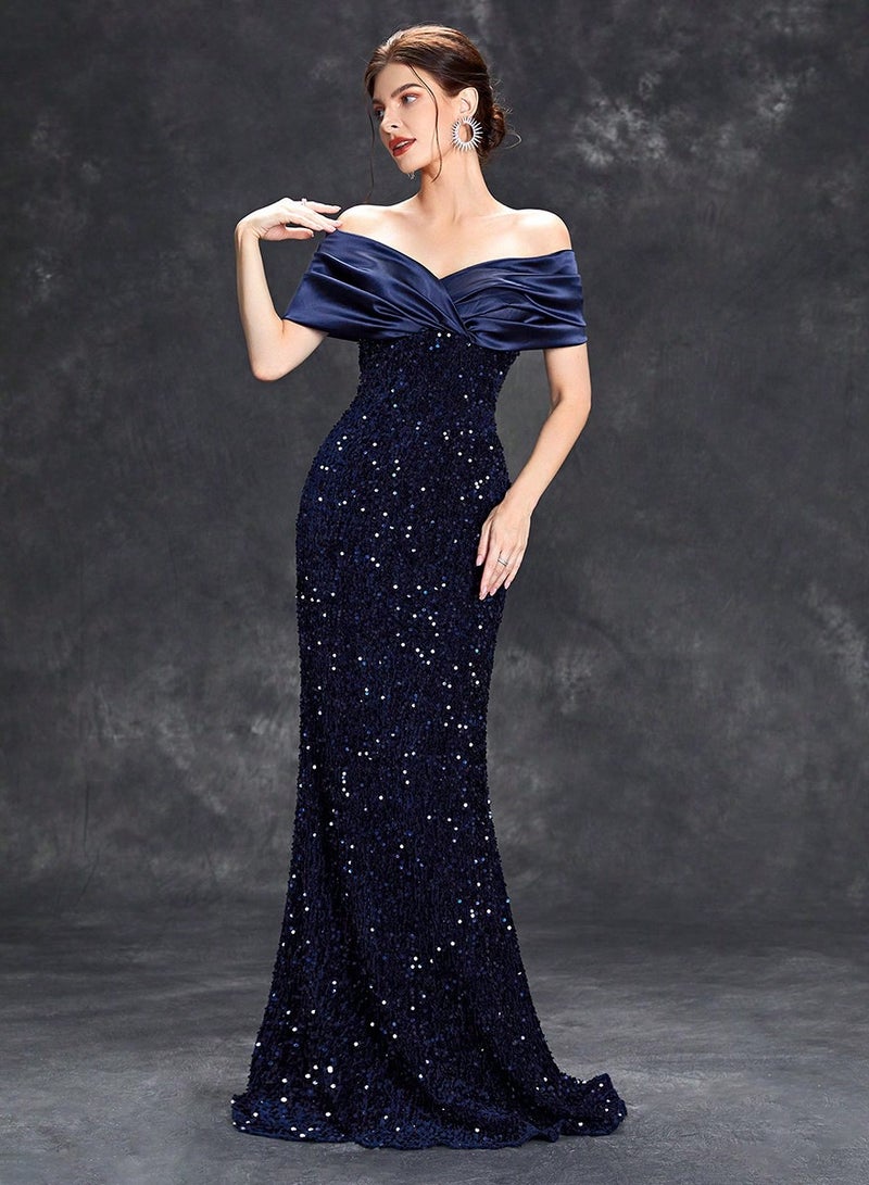 Meilun Exquisite Navy Blue Off - Shoulder Sequin Mermaid Gown - Image 3