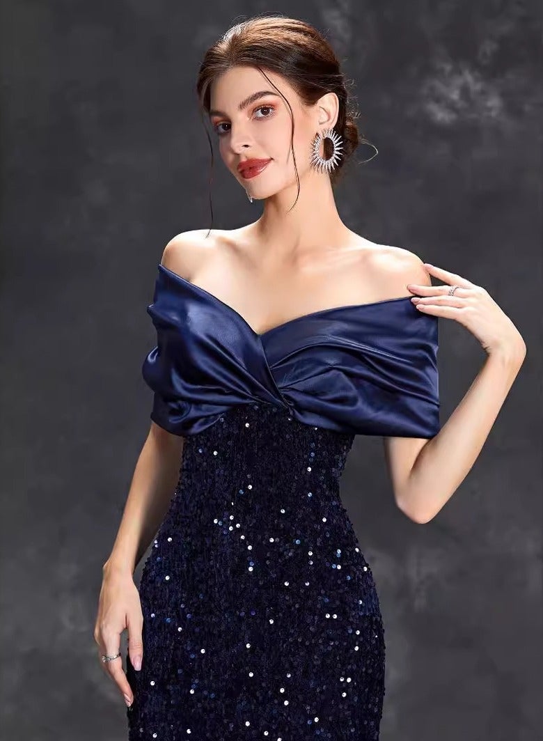 Meilun Exquisite Navy Blue Off - Shoulder Sequin Mermaid Gown - Image 4