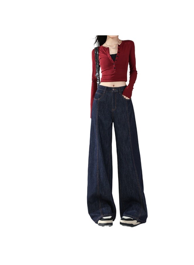 هابي جينز واسع الساق بلون الدنيم للنساء، خريف جديد، خصر مرتفع، نحيل، شكل كمثرى، جسم متدلي، بنطلون فضفاض مستقيم الساق - Image 1