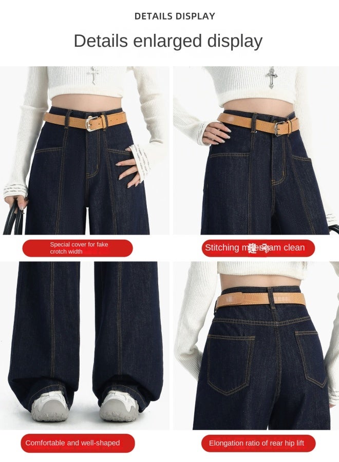 هابي جينز واسع الساق بلون الدنيم للنساء، خريف جديد، خصر مرتفع، نحيل، شكل كمثرى، جسم متدلي، بنطلون فضفاض مستقيم الساق - Image 2