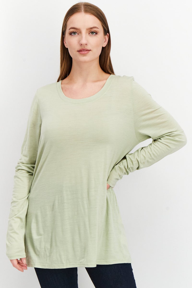 Women Crew Neck Long Sleeve Plain T-shirt, Pale Green