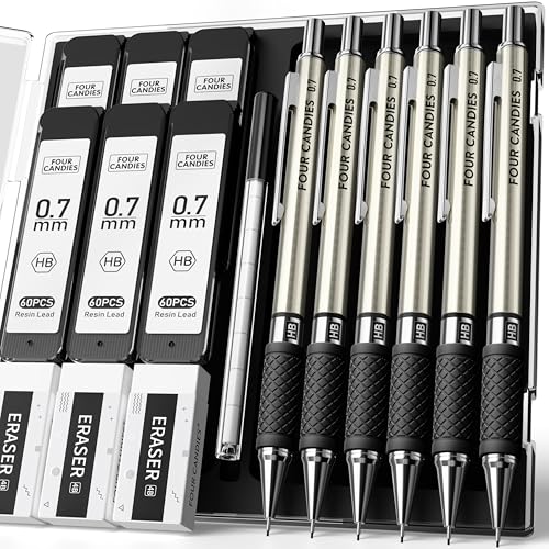 Four Candies Metal Mechanical Pencil Set - 6PCS 0.7mm Art Mechanical Pencils & 360PCS HB Lead Refills & 3PCS Erasers & 9PCS Eraser Refills, Drawing Mechanical Pencils for Writing, Sketching/With Case - Image 1