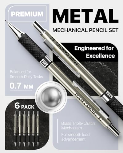 Four Candies Metal Mechanical Pencil Set - 6PCS 0.7mm Art Mechanical Pencils & 360PCS HB Lead Refills & 3PCS Erasers & 9PCS Eraser Refills, Drawing Mechanical Pencils for Writing, Sketching/With Case - Image 2