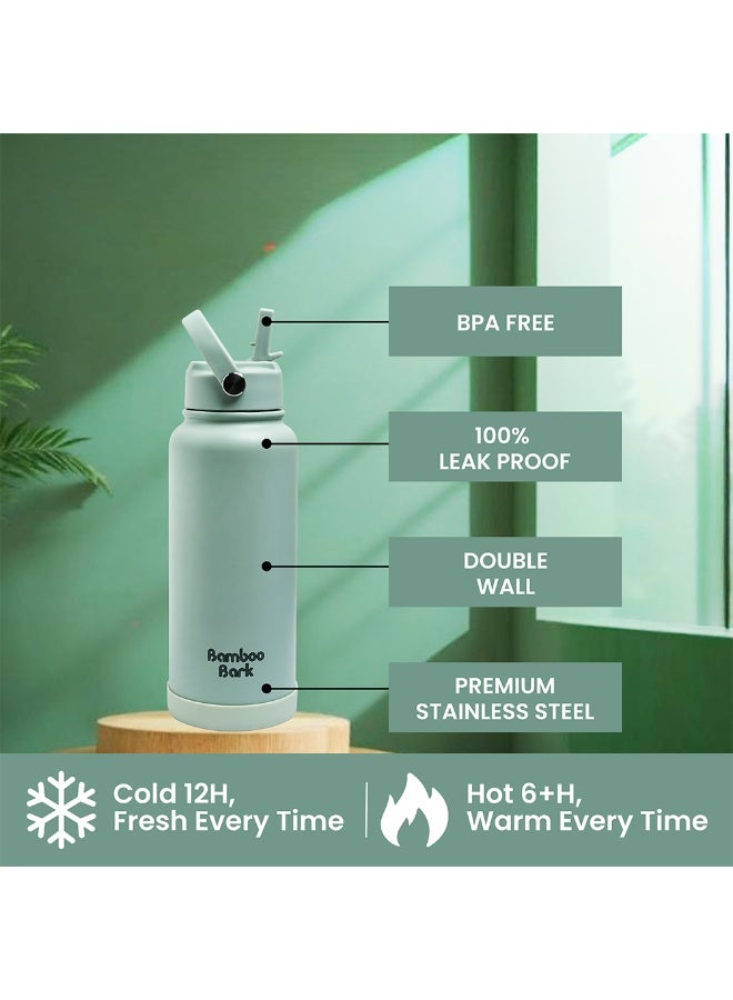 Bamboo Bark 1000 ML Insulated Water Bottle with Sipper Lid – Stainless Steel Double Wall Vacuum Flask for Hot & Cold Water Leak-Proof, Reusable Sports Thermos Bottle - (Dull Sage Green) - Image 2