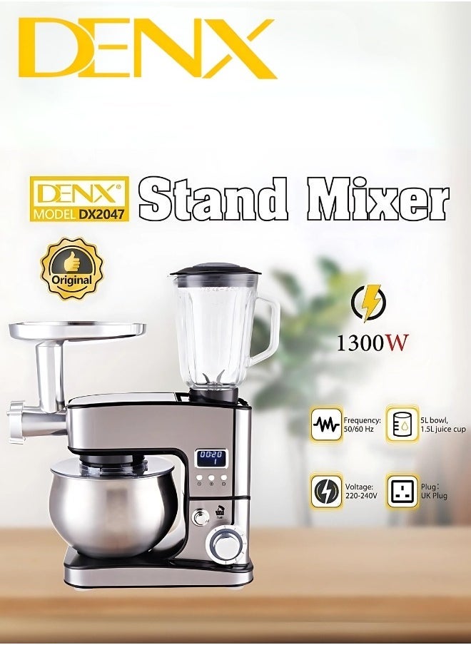 Denx 3-In-1 Electric Stand Mixer, Food Processor, And Meat Grinder With 5-Liter Capacity, 1300 Watts From Dx2047 - Image 4