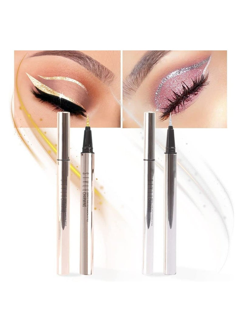 Excefore Liquid Eyeliner Makeup Pen Set 2Pcs Glitter Sparkling Shimmer Silver Waterproof Smudge Proof Long Lasting High mented - Image 1