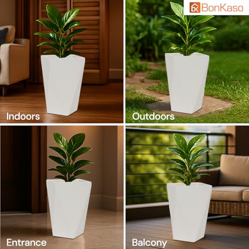 BonKaso 12 Inch Diamond Square Planter Pot (18x18x28cm) | Beige, Durable & Lightweight Polymer Tower Gamla for Indoor & Outdoor Plants | Modern Flower Pot for Living Room, Office & Home Decor - Image 3