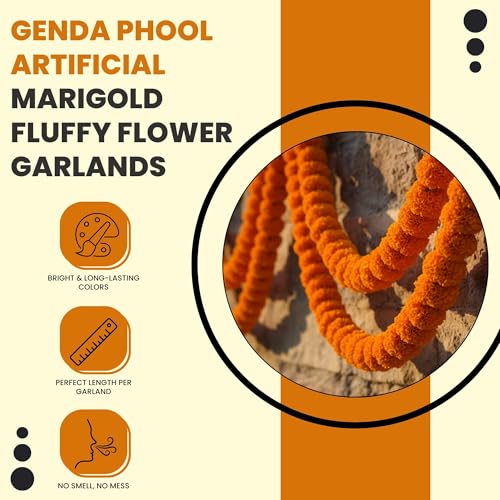 Caneuf Genda Phool Artificial Marigold Fluffy Flower Garlands - Perfect for Diwali, Navratri, Durga Pooja Festival, and Office Decoration (Dark Orange, Pack of 15) - Image 2