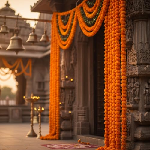 Caneuf Genda Phool Artificial Marigold Fluffy Flower Garlands - Perfect for Diwali, Navratri, Durga Pooja Festival, and Office Decoration (Dark Orange, Pack of 15) - Image 3