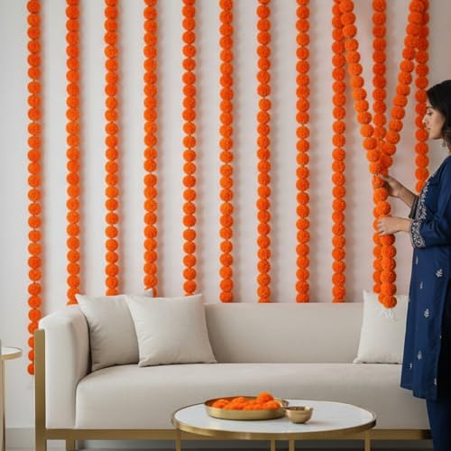 Caneuf Genda Phool Artificial Marigold Fluffy Flower Garlands - Perfect for Diwali, Navratri, Durga Pooja Festival, and Office Decoration (Dark Orange, Pack of 15) - Image 4