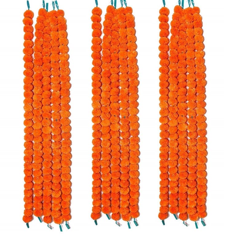 Caneuf Genda Phool Artificial Marigold Fluffy Flower Garlands - Perfect for Diwali, Navratri, Durga Pooja Festival, and Office Decoration (Dark Orange, Pack of 15) - Image 1