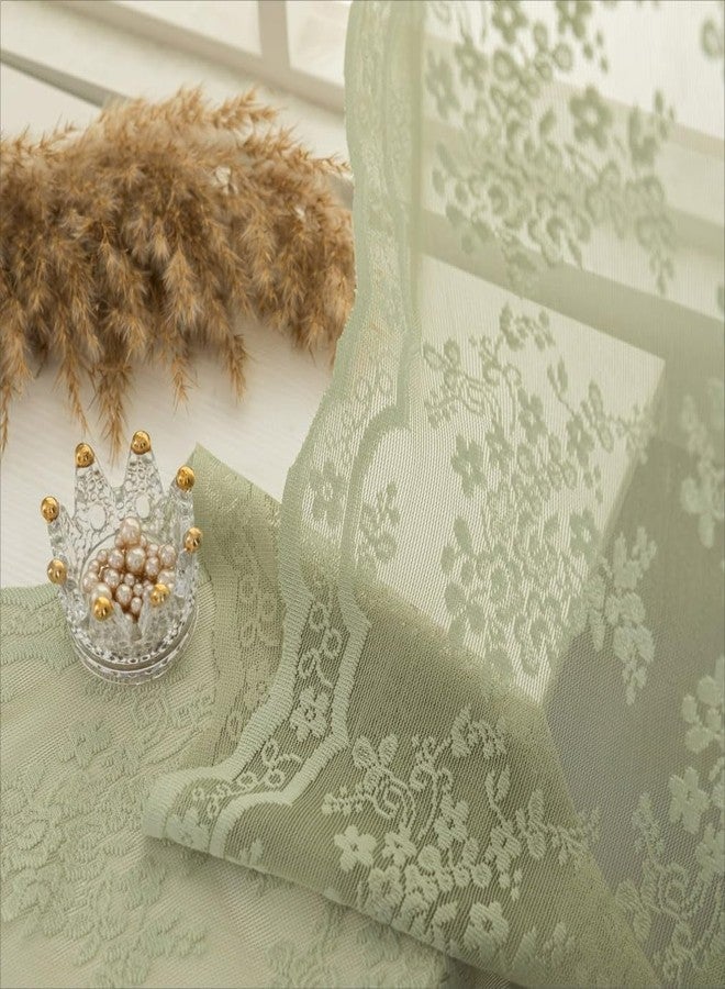 YJ YANJUN Sage Green Lace Curtains 54 inch Length 2 Panels Romantic Floral Pattern Short Sheer Curtains for Bedroom Laundry Room Light Filtering Boho Kitchen Small Window Treatments W52 X L54 Sage - Image 1