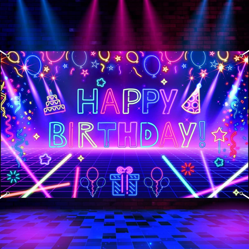 Tazweeq Glow Neon Birthday Party Banner Decorations 71x44Inch Glow in The Dark Party Happy Birthday Banner Backdrop Let Glow Party Neon Themed Birthday Background Party Supplies - Image 2