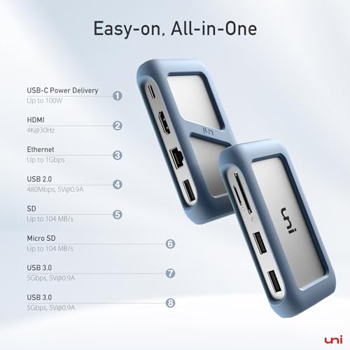 Uni محول متعدد المنافذ USB C من يوني مع كابل قابل للفصل، 8 في 1 USB C Hub مع HDMI 4K، Ethernet بسرعة 1Gbps، قارئ بطاقة SD، 100W PD، متوافق مع MacBook Pro 2023، iPad Pro 2023، Galaxy S24/S23 والمزيد - Image 2