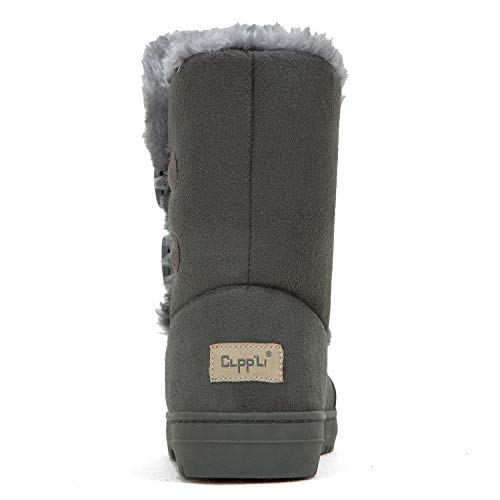 CLPP'LI Womens Twin Button Fully Fur Lined Waterproof Winter Snow Boots-Grey-9 - Image 4