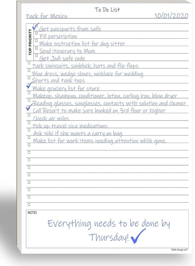 Life Charge TO DO List Planner Notepad, 50 Page Planning Pad. Undated ToDo Checklist w/Priority & Note Sections. Organize & Track Projects, Clients or Daily Tasks. 8.5 X 11, A4 Sheets. - Image 1