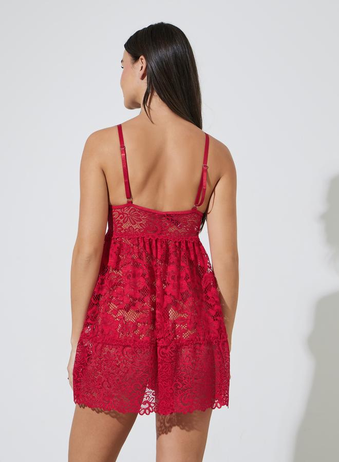 Styli Burgundy Floral Lace And Mesh Babydoll With Brief - Image 4