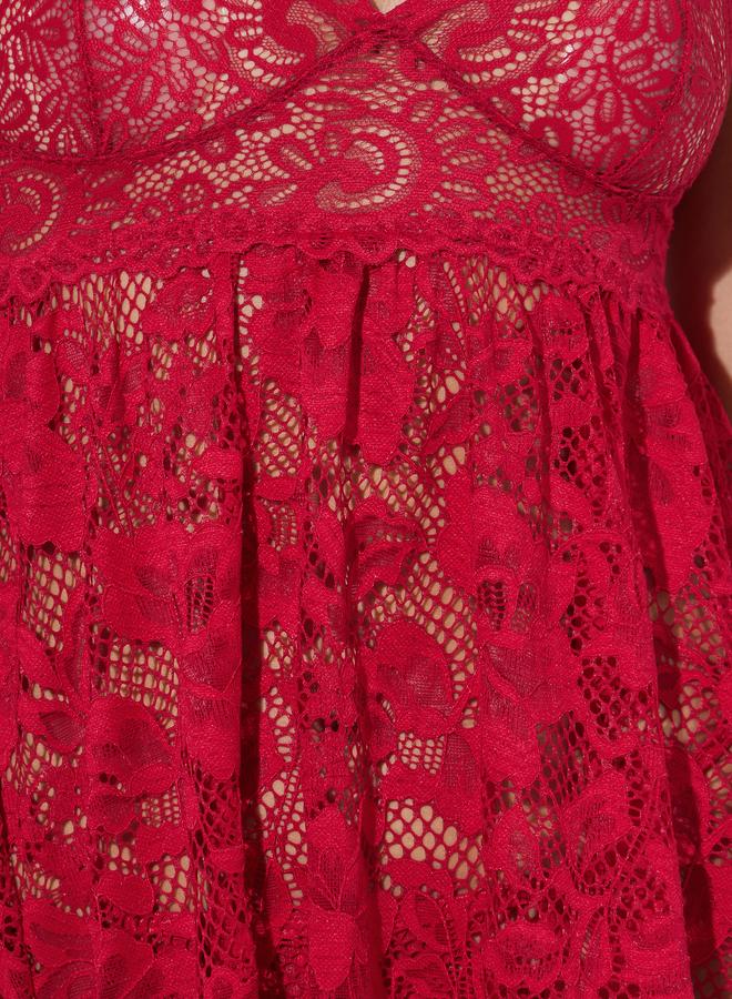 Styli Burgundy Floral Lace And Mesh Babydoll With Brief - Image 2