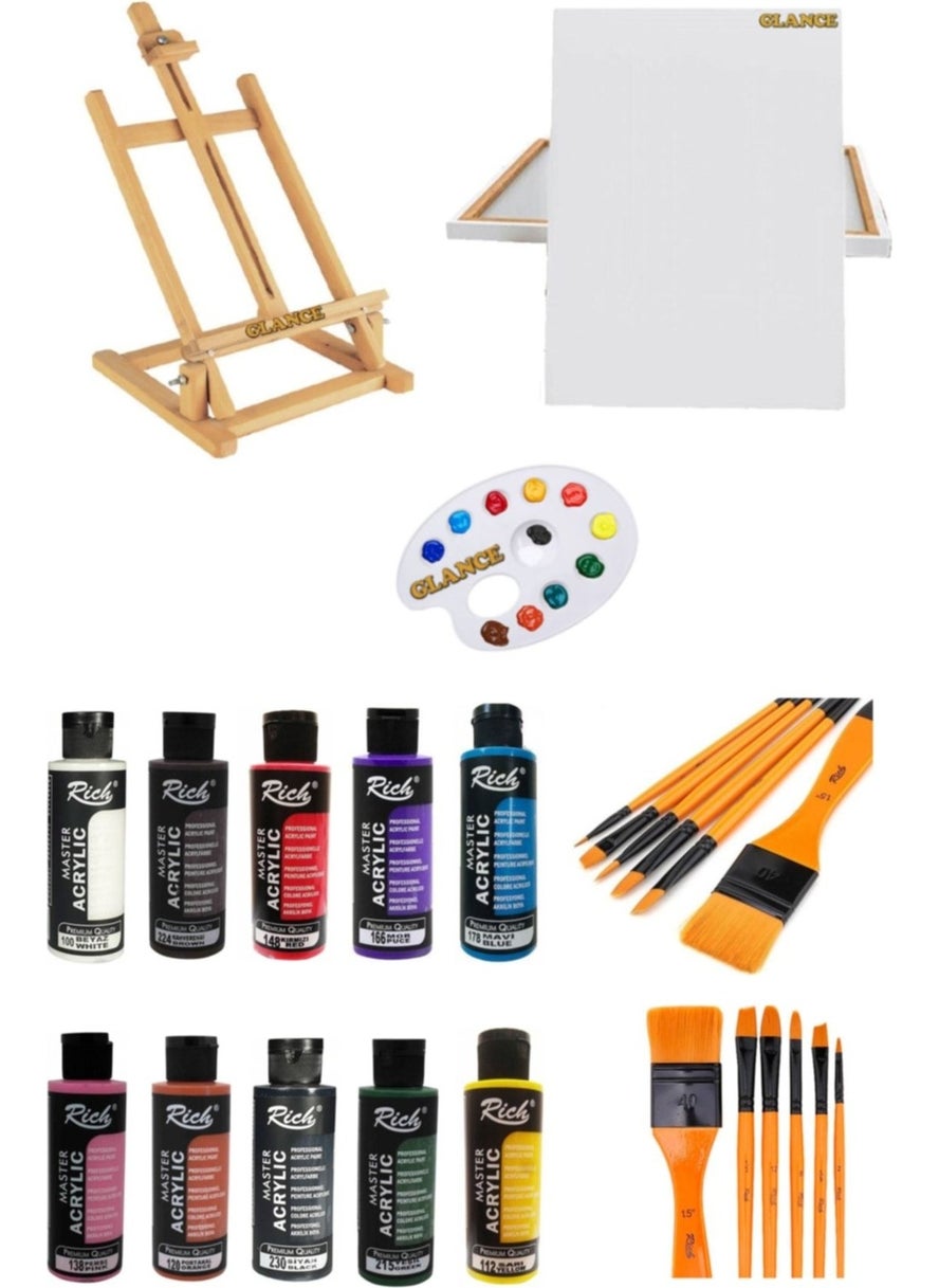 Glance Tabletop Easel 50X70 Canvas 10-Piece Rich Acrylic 120 cc 6-Piece Brush Set 