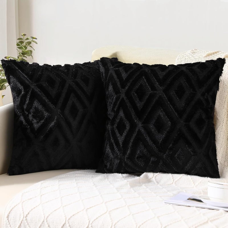 Pallene Soft Faux Fur Throw Pillow Covers 22x22 Set of 2  Plush Wool Decorative Couch Pillow Covers for Sofa Bed Living Room  with 3D Diamond Pattern  Black