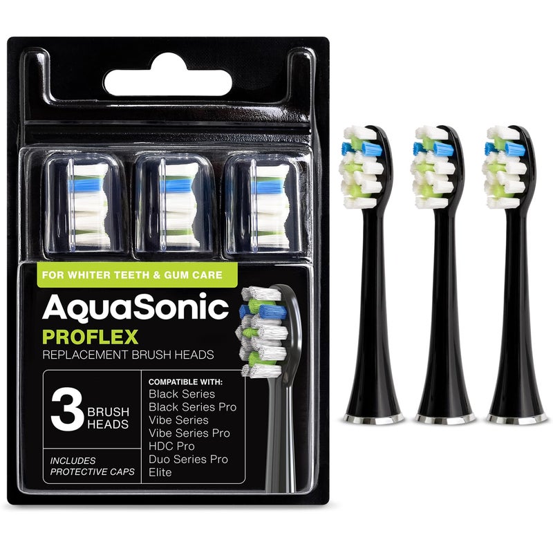 AquaSonic Proflex Replacement Brush Heads | for Whiter Teeth & Gum Care | Compatible with Many AquaSonic Toothbrush Handles (3 Pack Black) - Image 1