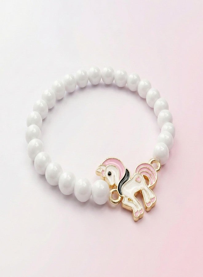 Fabdrap Children's Beaded Bracelet, White Pearl Style Beads, Pink and Gold Charm (whiteBracelet) - Image 3