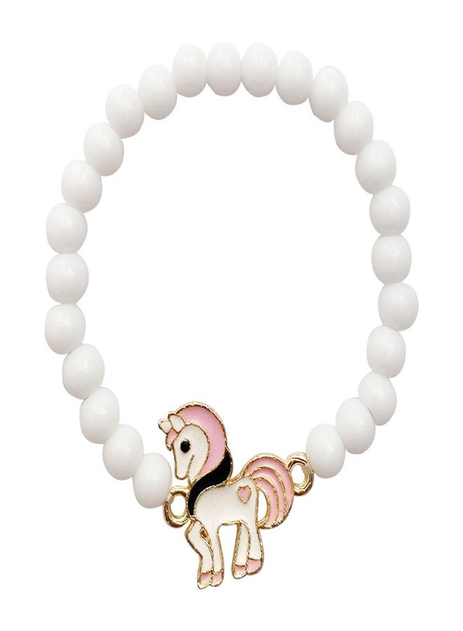 Fabdrap Children's Beaded Bracelet, White Pearl Style Beads, Pink and Gold Charm (whiteBracelet) - Image 1
