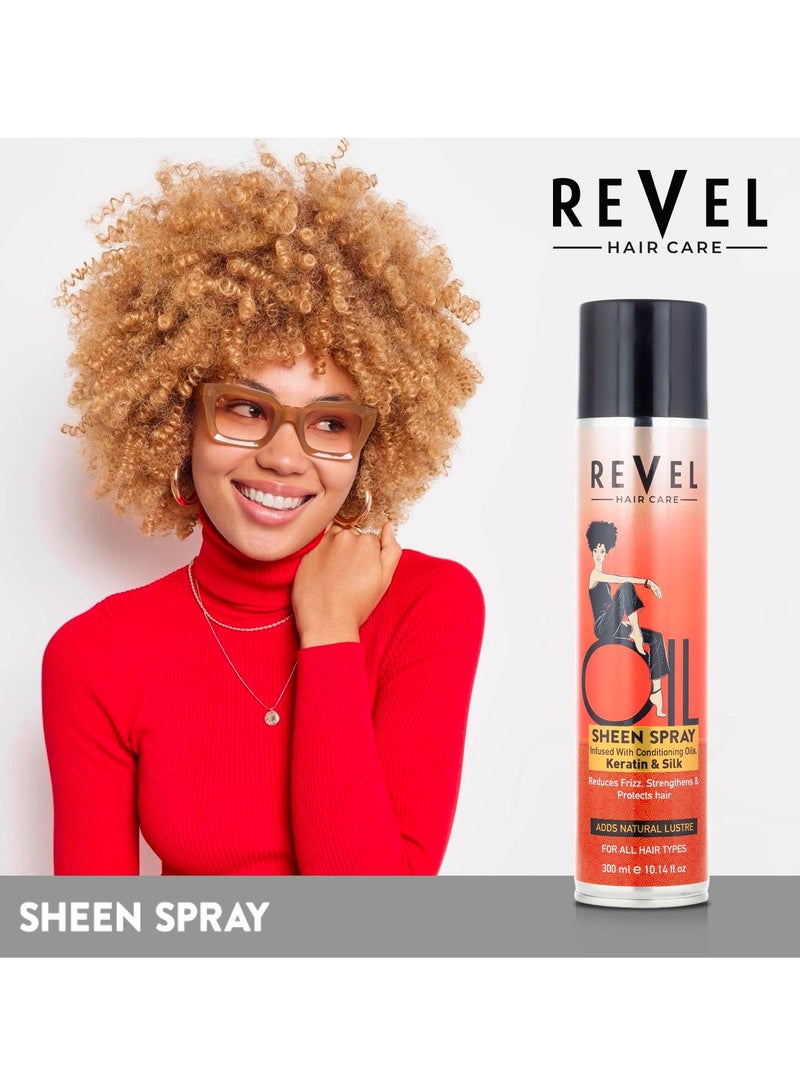 Revel Red Olive Keratin & Silk Sheen Hair Spray 300ml, For Men & Women, Infused with Conditioning Oil, Reduces Frizz, Strengthens, Protect, Hairs Care, Luxurious Shine, Paraben Free, Silicone Free