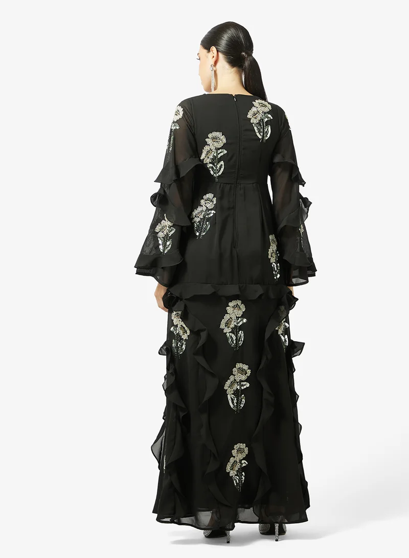 Maya Ruffle Detail Embellished Long Sleeve Maxi