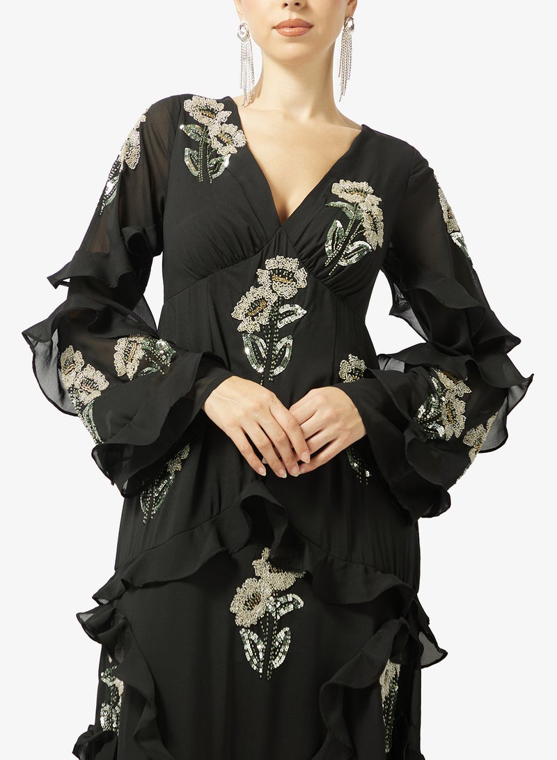 مايا فستان ماكسي طويل بأكمام طويلة مزين بكشكشة - Image 3