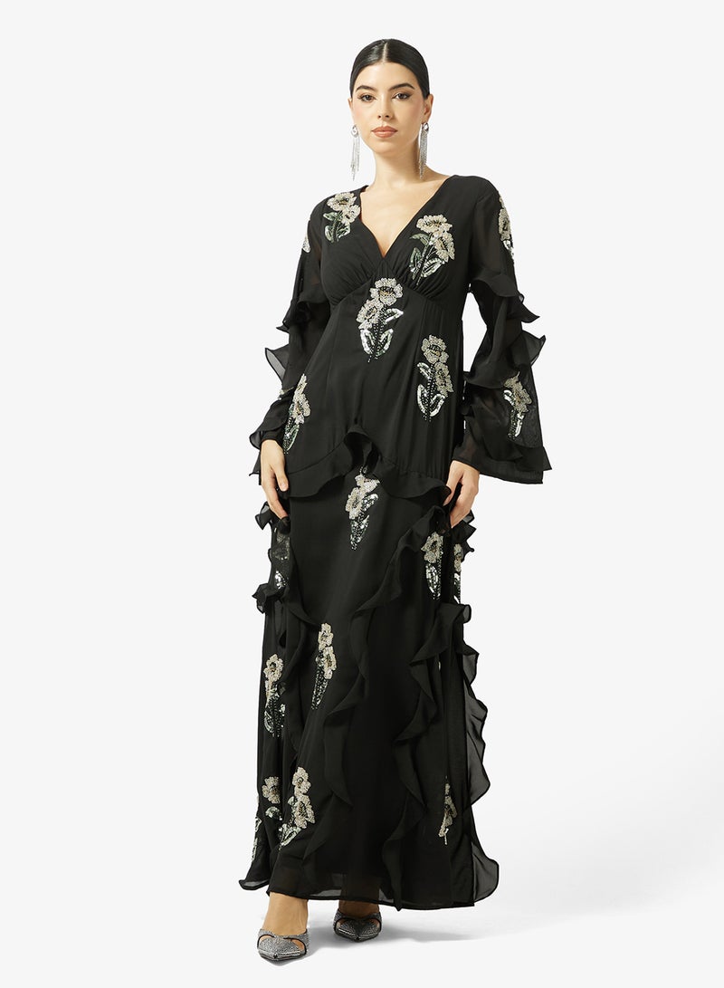 مايا فستان ماكسي طويل بأكمام طويلة مزين بكشكشة - Image 1