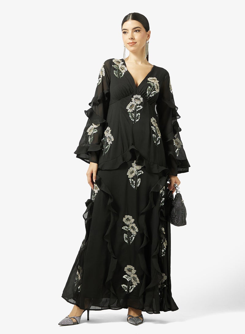 مايا فستان ماكسي طويل بأكمام طويلة مزين بكشكشة - Image 4