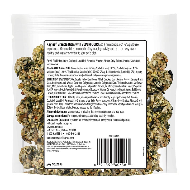 Kaytee Granola Bites with Super Foods Spinach and Kale for Pet Birds, Conure, Cockatiel, Lovebird, Parakeet, Amazon, African Grey, Ecletus, Pionus, Cockatoos and Macaws, 4.50 Ounce (Pack of 1) - Image 2