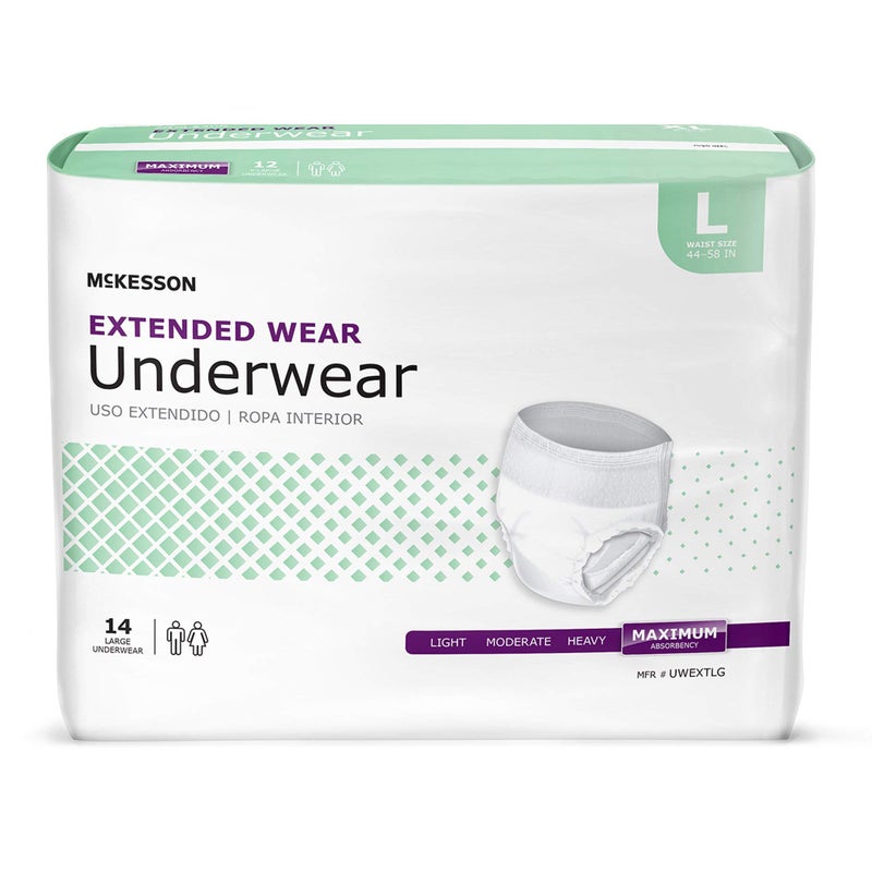 McKesson Extended Wear Adult Incontinence Underwear 64 Count Large 4458 in Maximum Absorbency Unisex Bladder Leak Protection PullOn Style with TearAway Sides