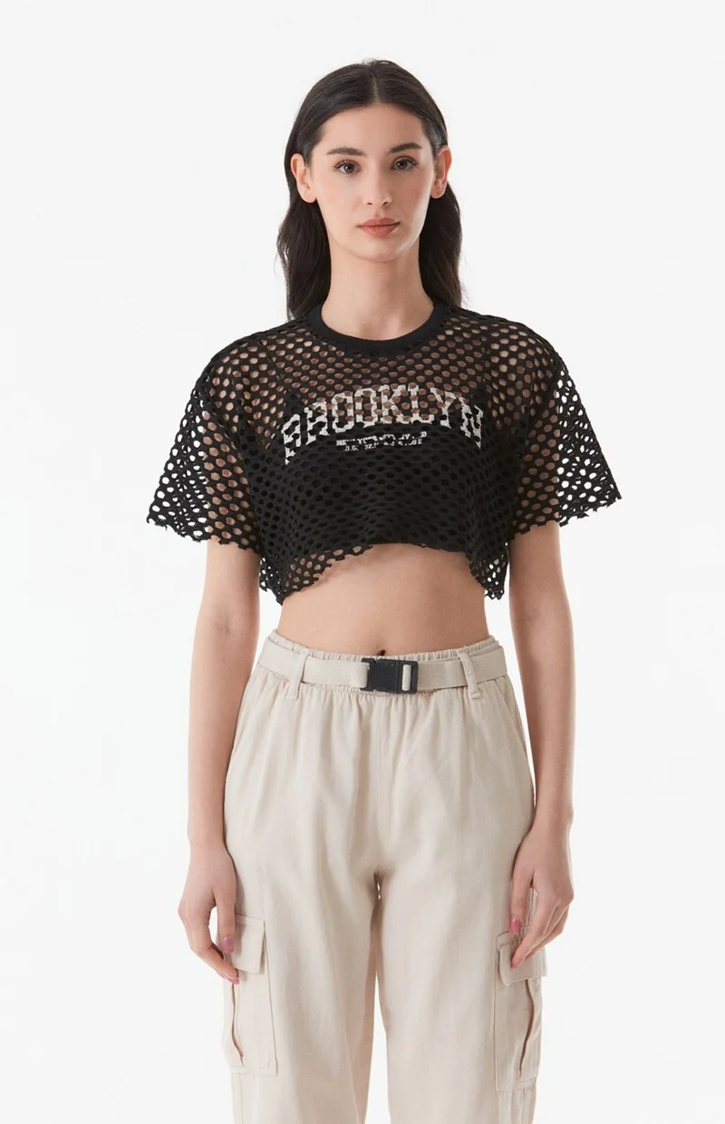 FullaModa Printed Openwork Knitwear Crop Blouse